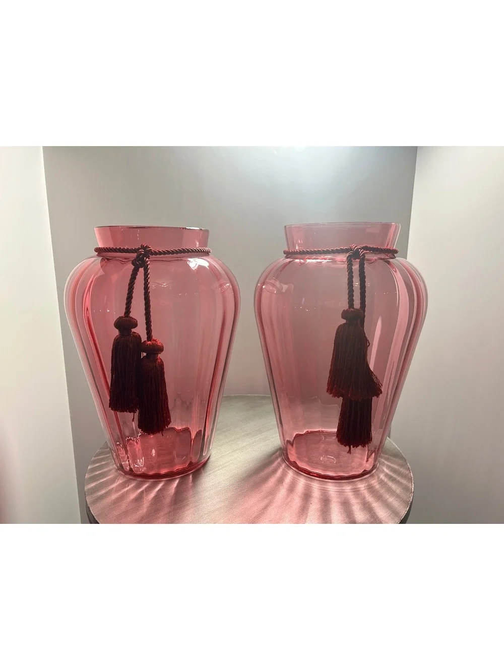 Pair of Large Pilgrim Glass Cranberry Optic Vases 11 inch - Perfect!